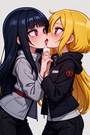 8k resolution, high resolution, masterpiece, intricate details, highly detailed, HD quality, solo, loli, dark background, black desert, scarlet moon,red moon, moon, rain,  2_girls, girls kissing, Naruko uzumaki.red eyes.(Naruko uzumaki has red eyes).blonde.yellow hair.Naruko uzumaki's clothes.black coat.black pants.a gentle expression.a satisfied expression.a playful expression.(Naruko towers over her partner), Hinata Hyuga.dark blue hair.pale lilac eyes.no pupils.Hinata Hugo's clothes.shinobi clothes.grey jacket.black pants.an embarrassed expression.happy recovery.joyful expression, kiss, two girls kissing, naruko and wednesday kissing, spittle, lesbian kiss, yuri, detailed kiss, kiss with tongues, detailed languages, focus on the whole body, the whole body in the frame, small breasts, rich colors, vibrant colors, detailed eyes, super detailed, extremely beautiful graphics, super detailed skin, best quality, highest quality, high detail, masterpiece, detailed skin, perfect anatomy, perfect body, perfect hands, perfect fingers, complex details, reflective hair, textured hair, best quality,super detailed,complex details, high resolution,

,jtveemo,himenoa,Star vs. the Forces of Evil ,Naruto