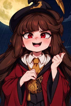 8k resolution, high resolution, masterpiece, intricate details, highly detailed, HD quality, solo, loli, black desert on the background, night, rain, red stars in the sky, scarlet moon, Hermione Granger. Red eyes.brown hair.(Hermione Granger's clothes). the wizard's red robe.a crazy smile.funny expression.a satisfied expression.expression of ecstasy, focus on the whole body, the whole body in the frame, small breasts, vds, looking at viewer, wet, rich colors, vibrant colors, detailed eyes, super detailed, extremely beautiful graphics, super detailed skin, best quality, highest quality, high detail, masterpiece, detailed skin, perfect anatomy, perfect body, perfect hands, perfect fingers, complex details, reflective hair, textured hair, best quality, super detailed, complex details, high resolution,  

,Mrploxykun,Shadbase ,USA,Kanna Kamui ,Hat Kid,Hermione Granger,Captain kirb,JCM2