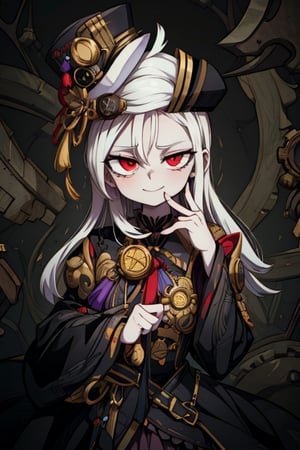 8k resolution, high resolution, masterpiece, intricate details, highly detailed, HD quality, solo, 1girl, loli, Steampunk dress, steampunk hat, top hat, black and gold clothing colors, gears in the background, dark background, white hair, long smooth hair, red eyes, pale skin, thin smile, thoughtful expression, thoughtful look, monocle on the right eye, looking at viewer, rich colors, vibrant colors, detailed eyes, super detailed, extremely beautiful graphics, super detailed skin, best quality, highest quality, high detail, masterpiece, detailed skin, perfect anatomy, perfect body, perfect hands, perfect fingers, complex details, reflective hair, textured hair, best quality, super detailed, complex details, high resolution,  

,A Traditional Japanese Art,Kakure Eria,ARTby Noise,Landidzu,HarryDraws,Shadbase ,Shadman,Glitching,Star vs. the Forces of Evil ,In the style of gravityfalls,Solo Levelling