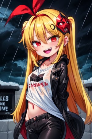8k resolution, high resolution, masterpiece, long black scaly coat, open coat, yellow hair, white trickster mask,mocking smile painted on the mask,red smile, fanged smile,red eyes painted on the mask,squinted eyes, black gloves, black pants, arms thrown to the side, looking at the viewer, scarlet lightning in the background, rain, thunderstorm, the whole body in the frame, solo, the inscription on the T-shirt, the inscription, the best seductress of little girls


