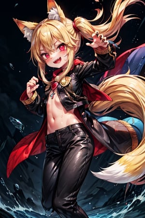 8k resolution, high resolution, masterpiece, intricate details, highly detailed, HD quality, solo, loli, short stature, little girls, only girls, dark background, rain, scarlet moon, crimson moon, moon, moon on the background, 

Red eyes.black sclera.vertical pupil.cat's pupil.glowing eyes.fangs.fox ears.a fox's tail behind his back.claws on the fingers.claw.black claws.small claws.blonde.yellow hair.long hair.straight hair.two ponytails.black scaly coat.black pants.an evil expression.grin.a joyful expression.fighting pose, 

focus on the whole body, the whole body in the frame, the body is completely in the frame, the body does not leave the frame, detailed hands, detailed fingers, perfect body, perfect anatomy, wet bodies, rich colors, vibrant colors, detailed eyes, super detailed, extremely beautiful graphics, super detailed skin, best quality, highest quality, high detail, masterpiece, detailed skin, perfect anatomy, perfect body, perfect hands, perfect fingers, complex details, reflective hair, textured hair, best quality,super detailed,complex details, high resolution,

,jcdDX_soul3142,JCM2,High detailed ,USA,Color magic,AmyRose,Mrploxykun,Sonic,perfecteyes,Artist,AGGA_ST011,AGGA_ST005,rizdraws,fairy_tail_style,Oerlord,illya,hornet,HarryDraws,jtveemo,ChronoTemp ,Star vs. the Forces of Evil ,arcane style,Landidzu,Captain kirb,Saturated colors,Color saturation ,DAGASI