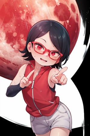 8k resolution, high resolution, masterpiece, intricate details, highly detailed, HD quality, solo, short stature, only girls, dark background, rain, scarlet moon, crimson moon, moon, moon on the background, loli,

Sarada Uchiha.red eyes.black hair.short hair.bangs on the forehead.slim build.a teenage girl.The clothes of the Uchiha Succession.shinobi clothes.sexy clothes.red vest.thin vest.white shorts.loose shorts.glasses.smile.a crazy smile.a cheeky expression.crazy expression.an insanely cheerful expression.a conspiratorial expression.sexy pose.fighting pose.lustful pose.perverted pose, 

focus on the whole body, the whole body in the frame, the body is completely in the frame, the body does not leave the frame, detailed hands, detailed fingers, perfect body, perfect anatomy, wet bodies, rich colors, vibrant colors, detailed eyes, super detailed, extremely beautiful graphics, super detailed skin, best quality, highest quality, high detail, masterpiece, detailed skin, perfect anatomy, perfect body, perfect hands, perfect fingers, complex details, reflective hair, textured hair, best quality,super detailed,complex details, high resolution,

,perfecteyes,USA,Mrploxykun,jtveemo,JCM2,Captain kirb,Artist,AGGA_ST011,fantai12,Oerlord,arcane style,らす ,The Pink Pirate,Saradauchiha