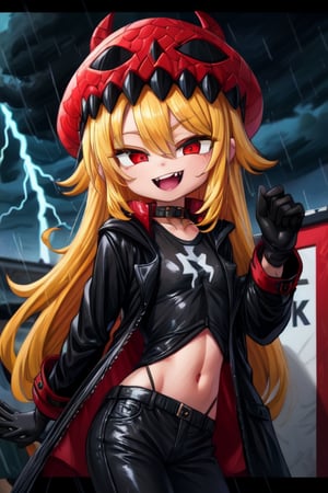 8k, resolution, high resolution, masterpiece, long black scaly coat, open coat, yellow hair, white trickster mask,mocking smile painted on the mask,red smile, fanged smile,red eyes painted on the mask,squinted eyes, black gloves, black pants, arms thrown to the side, looking at the viewer, scarlet lightning in the background, rain, thunderstorm, the whole body in the frame, solo, 