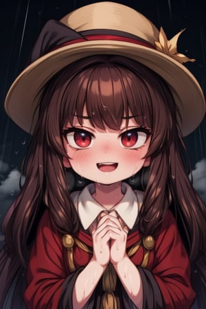 8k resolution, high resolution, masterpiece, intricate details, highly detailed, HD quality, solo, loli, black desert on the background, night, rain, red stars in the sky, scarlet moon, Hermione Granger. Red eyes.brown hair.(Hermione Granger's clothes). the wizard's red robe.a crazy smile.funny expression.a satisfied expression.expression of ecstasy, focus on the whole body, the whole body in the frame, small breasts, vds, looking at viewer, wet, rich colors, vibrant colors, detailed eyes, super detailed, extremely beautiful graphics, super detailed skin, best quality, highest quality, high detail, masterpiece, detailed skin, perfect anatomy, perfect body, perfect hands, perfect fingers, complex details, reflective hair, textured hair, best quality, super detailed, complex details, high resolution,  

,Mrploxykun,Shadbase ,USA,Kanna Kamui ,Hat Kid,Hermione Granger,Captain kirb