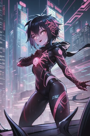 8k resolution, high resolution, masterpiece, intricate details, highly detailed, HD quality, solo, loli, short stature, little girls, only girls, dark background, rain, scarlet moon, crimson moon, moon, moon on the background, science fiction, science fiction city, red neon, blood red neon, burgundy red neon,

Peni Parker.red eyes.shining scarlet eyes.shining eyes.black hair.short haircut.slim build.teenage girl.Spiderman.Marvel.superhero.young woman.slim build.the red web.tight-fitting suit.black and red clothes.black spider print on the chest.black spider emblem.spider print.black print.hood.stretched hood.cheked smile.funny expression.fighting pose,

focus on the whole body, the whole body in the frame, the body is completely in the frame, the body does not leave the frame, detailed hands, detailed fingers, perfect body, perfect anatomy, wet bodies, rich colors, vibrant colors, detailed eyes, super detailed, extremely beautiful graphics, super detailed skin, best quality, highest quality, high detail, masterpiece, detailed skin, perfect anatomy, perfect body, perfect hands, perfect fingers, complex details, reflective hair, textured hair, best quality,super detailed,complex details, high resolution,

,AGGA_ST011,ChronoTemp ,illya,Star vs. the Forces of Evil ,Captain kirb,jtveemo,JCM2,Mrploxykun,Gerph ,Jago,Overlord,Artist,penini,C7b3rp0nkStyle,High detailed ,neon palette