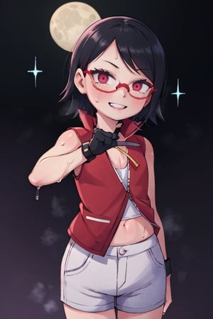 8k resolution, high resolution, masterpiece, intricate details, highly detailed, HD quality, solo, short stature, only girls, dark background, rain, scarlet moon, crimson moon, moon, moon on the background, loli,

Sarada Uchiha.red eyes.black hair.short hair.bangs on the forehead.slim build.a teenage girl.The clothes of the Uchiha Succession.shinobi clothes.sexy clothes.red vest.thin vest.white shorts.loose shorts.glasses.smile.a crazy smile.a cheeky expression.crazy expression.an insanely cheerful expression.a conspiratorial expression.sexy pose.fighting pose.lustful pose.perverted pose, 

focus on the whole body, the whole body in the frame, the body is completely in the frame, the body does not leave the frame, detailed hands, detailed fingers, perfect body, perfect anatomy, wet bodies, rich colors, vibrant colors, detailed eyes, super detailed, extremely beautiful graphics, super detailed skin, best quality, highest quality, high detail, masterpiece, detailed skin, perfect anatomy, perfect body, perfect hands, perfect fingers, complex details, reflective hair, textured hair, best quality,super detailed,complex details, high resolution,

,perfecteyes,USA,Mrploxykun,jtveemo,JCM2,Captain kirb,Artist,AGGA_ST011,fantai12,Oerlord,arcane style,らす ,The Pink Pirate,Saradauchiha