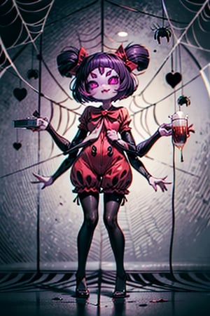 8k resolution, high resolution, masterpiece,  intricate details, highly detailed, HD quality, best quality, vibrant colors, 1girl,muffet,(muffetwear), monster girl,((purple body:1.3)),humanoid, arachnid, anthro,((fangs)),pigtails,hair bows,5 eyes,spider girl,6 arms,solo,clothed,6 hands,detailed hands,((spider webs:1.4)),bloomers,red and black clothing, armwear,  detailed eyes, super detailed, extremely beautiful graphics, super detailed skin, best quality, highest quality, high detail, masterpiece, detailed skin, perfect anatomy, perfect hands, perfect fingers, complex details, reflective hair, textured hair, best quality, super detailed, complex details, high resolution, looking at the viewer, rich colors, ,muffetwear,Shadbase ,JCM2,DAGASI,Oerlord,illya,In the style of gravityfalls,tensura,Mrploxykun,BORN-TO-DIE,Captain kirb