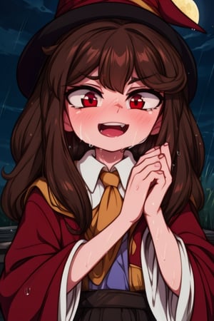 8k resolution, high resolution, masterpiece, intricate details, highly detailed, HD quality, solo, loli, black desert on the background, night, rain, red stars in the sky, scarlet moon, Hermione Granger. Red eyes.brown hair.(Hermione Granger's clothes). the wizard's red robe.a crazy smile.funny expression.a satisfied expression.expression of ecstasy, focus on the whole body, the whole body in the frame, small breasts, vds, looking at viewer, wet, rich colors, vibrant colors, detailed eyes, super detailed, extremely beautiful graphics, super detailed skin, best quality, highest quality, high detail, masterpiece, detailed skin, perfect anatomy, perfect body, perfect hands, perfect fingers, complex details, reflective hair, textured hair, best quality, super detailed, complex details, high resolution,  

,Mrploxykun,Shadbase ,USA,Kanna Kamui ,Hat Kid,Hermione Granger,Captain kirb,JCM2