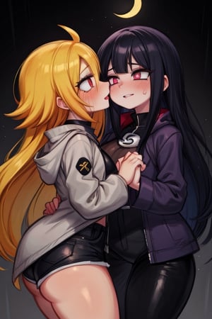 8k resolution, high resolution, masterpiece, intricate details, highly detailed, HD quality, solo, loli, dark background, black desert, scarlet moon,red moon, moon, rain,  2_girls, girls kissing, Naruko uzumaki.red eyes.(Naruko uzumaki has red eyes).blonde.yellow hair.Naruko uzumaki's clothes.black coat.black pants.a gentle expression.a satisfied expression.a playful expression.(Naruko towers over her partner), Hinata Hyuga.dark blue hair.pale lilac eyes.no pupils.Hinata Hugo's clothes.shinobi clothes.grey jacket.black pants.an embarrassed expression.happy recovery.joyful expression, kiss, two girls kissing, naruko and wednesday kissing, spittle, lesbian kiss, yuri, detailed kiss, kiss with tongues, detailed languages, focus on the whole body, the whole body in the frame, small breasts, rich colors, vibrant colors, detailed eyes, super detailed, extremely beautiful graphics, super detailed skin, best quality, highest quality, high detail, masterpiece, detailed skin, perfect anatomy, perfect body, perfect hands, perfect fingers, complex details, reflective hair, textured hair, best quality,super detailed,complex details, high resolution,

Shadbase,Ankha,USA,Sonique,Sonic,Naruto,Wednesday Addams  ,kiss,JCM2,Naruko,Shadbase ,Mrploxykun, Addams ,Artist,haruno sakura,Hinata