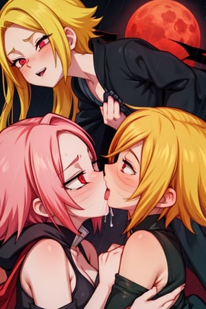 8k resolution, high resolution, masterpiece, intricate details, highly detailed, HD quality, solo, loli, dark background, black desert, scarlet moon,red moon, moon, rain,  2_girls, girls kissing, Naruko uzumaki.red eyes.(Naruko uzumaki has red eyes).blonde.yellow hair.Naruko uzumaki's clothes.black coat.black pants.a gentle expression.a satisfied expression.a playful expression.(Naruko towers over her partner), Sakura Haruno.pink hair.short hair.(Haruno Sakura's clothes.red dress with cutouts on the sides.black tight shorts.an embarrassed expression.a happy expression.amorous expression, kiss, two girls kissing, naruko and wednesday kissing, spittle, lesbian kiss, yuri, detailed kiss, kiss with tongues, detailed languages, focus on the whole body, the whole body in the frame, small breasts, rich colors, vibrant colors, detailed eyes, super detailed, extremely beautiful graphics, super detailed skin, best quality, highest quality, high detail, masterpiece, detailed skin, perfect anatomy, perfect body, perfect hands, perfect fingers, complex details, reflective hair, textured hair, best quality,super detailed,complex details, high resolution,

Shadbase,Ankha,USA,Sonique,Sonic,Naruto,Wednesday Addams  ,kiss,JCM2,Naruko,Shadbase ,Mrploxykun, Addams ,Artist,haruno sakura