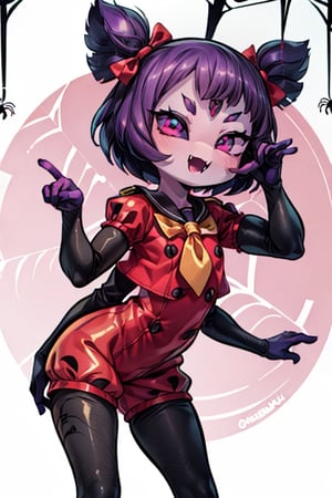 8k resolution, high resolution, masterpiece,  intricate details, highly detailed, HD quality, best quality, vibrant colors, 1girl,muffet,(muffetwear), monster girl,((purple body:1.3)),humanoid, arachnid, anthro,((fangs)),pigtails,hair bows,5 eyes,spider girl,6 arms,solo,clothed,6 hands,detailed hands,((spider webs:1.4)),bloomers,red and black clothing, armwear,  detailed eyes, super detailed, extremely beautiful graphics, super detailed skin, best quality, highest quality, high detail, masterpiece, detailed skin, perfect anatomy, perfect hands, perfect fingers, complex details, reflective hair, textured hair, best quality, super detailed, complex details, high resolution, looking at the viewer, rich colors, ,muffetwear,Shadbase ,JCM2,DAGASI,Oerlord,illya,In the style of gravityfalls,tensura,Mrploxykun,BORN-TO-DIE,Captain kirb