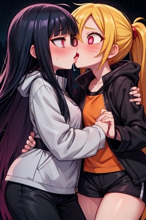 8k resolution, high resolution, masterpiece, intricate details, highly detailed, HD quality, solo, loli, dark background, black desert, scarlet moon,red moon, moon, rain,  2_girls, girls kissing, Naruko uzumaki.red eyes.(Naruko uzumaki has red eyes).blonde.yellow hair.Naruko uzumaki's clothes.black coat.black pants.a gentle expression.a satisfied expression.a playful expression.(Naruko towers over her partner), Hinata Hyuga.dark blue hair.pale lilac eyes.no pupils.Hinata Hugo's clothes.shinobi clothes.grey jacket.black pants.an embarrassed expression.happy recovery.joyful expression, kiss, two girls kissing, naruko and wednesday kissing, spittle, lesbian kiss, yuri, detailed kiss, kiss with tongues, detailed languages, focus on the whole body, the whole body in the frame, small breasts, rich colors, vibrant colors, detailed eyes, super detailed, extremely beautiful graphics, super detailed skin, best quality, highest quality, high detail, masterpiece, detailed skin, perfect anatomy, perfect body, perfect hands, perfect fingers, complex details, reflective hair, textured hair, best quality,super detailed,complex details, high resolution,

,jtveemo,himenoa,Star vs. the Forces of Evil ,Naruto,Landidzu,arcane style,Oerlord,DAGASI