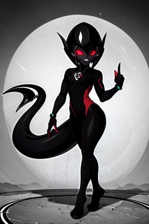 Loli, solo, loli, alien, acceleran, red eyes:1.5, absolutely red eyeballs, red sclera, no pupils, no hair, black helmet, pointed helmet, blue skin:1.3, red and black tight-fitting jumpsuit, red and black colors in clothes, minimalistic sand scales in a circle in the center of the chest(/emblem)/, small mounds of breasts, small breasts, perfect body, toned body, toned ass, sexy body, tail, pointed tail, lizard tail, snide smile, evil smile, three-fingered hands, three fingers on each hand, pointed fingers, black fingers, toes stand on small black balls,SHADBASE