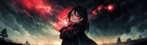 8k resolution, high resolution, masterpiece, intricate details, highly detailed, HD quality, solo, loli, black desert on the background, night, rain, red stars in the sky, scarlet moon, red stars, scarlet cosmos, snowy wasteland, black snow, scarlet lightning, apocalypse, the girl in the share, loli, black hair.long hair.developing hair.formidable aura.the scarlet aura.red eyes.glowing eyes.black coat.black pants.a cheeky smile.a cheeky expression.happy expression,

Focus on the whole body, the whole body in the frame, the body is completely in the frame, the body does not leave the frame, detailed hands, detailed fingers, perfect body, perfect anatomy, wet bodies, rich colors, vibrant colors, detailed eyes, super detailed, extremely beautiful graphics, super detailed skin, best quality, highest quality, high detail, masterpiece, detailed skin, perfect anatomy, perfect body, perfect hands, perfect fingers, complex details, reflective hair, textured hair, best quality,super detailed,complex details, high resolution,USA,JCM2,Captain kirb,jtveemo,ChronoTemp ,EpicArt,Mrploxykun