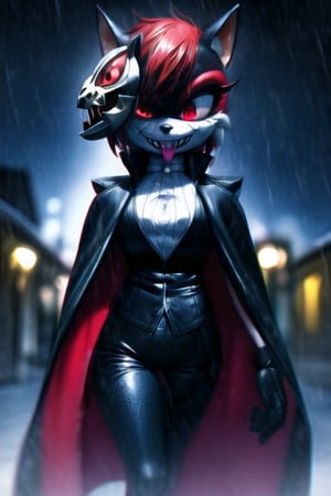 8k resolution, high resolution, masterpiece, long black scaly coat, open coat,  white trickster mask,mocking smile painted on the mask,red smile, fanged smile,red eyes painted on the mask,squinted eyes, black gloves, black pants, arms thrown to the side, looking at the viewer, scarlet lightning in the background, rain, thunderstorm, the whole body in the frame, solo, 