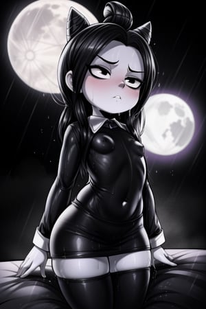 8k resolution, high resolution, masterpiece, intricate details, highly detailed, HD quality, solo, loli, short stature, little girls, only girls, dark background, rain, scarlet moon, crimson moon, moon, moon on the background,

Wednesday Addams.black eyes.black hair.long hair.straight hair.gray skin.monochrome.Wednesday Addams clothing.tight clothes.sexy clothes.black jacket.white shirt.black skirt.emotionless expression.a cold expression.relaxed posture.sexy pose,

small breasts, flat breasts, focus on the whole body, the whole body in the frame, the body is completely in the frame, the body does not leave the frame, detailed hands, detailed fingers, perfect body, perfect anatomy, wet bodies, rich colors, vibrant colors, detailed eyes, super detailed, extremely beautiful graphics, super detailed skin, best quality, highest quality, high detail, masterpiece, detailed skin, perfect anatomy, perfect body, perfect hands, perfect fingers, complex details, reflective hair, textured hair, best quality,super detailed,complex details, high resolution,

,USA,haruno sakura,JCM2,Oerlord,High detailed ,weapon,black eyes,chibi,fgo sprite,spy x family style,Star vs. the Forces of Evil ,Mrploxykun,jtveemo,DAGASI,BORN-TO-DIE,Captain kirb,Shadbase ,Artist,Ankha,Animal Crossing,War of the Visions  ,Wednesday Addams  
