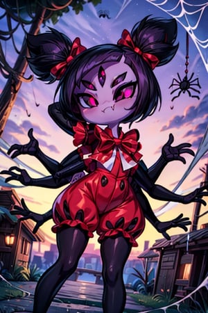 8k resolution, high resolution, masterpiece,  intricate details, highly detailed, HD quality, best quality, vibrant colors, 1girl,muffet,(muffetwear), monster girl,((purple body:1.3)),humanoid, arachnid, anthro,((fangs)),pigtails,hair bows,5 eyes,spider girl,6 arms,solo,clothed,6 hands,detailed hands,((spider webs:1.4)),bloomers,red and black clothing, armwear,  detailed eyes, super detailed, extremely beautiful graphics, super detailed skin, best quality, highest quality, high detail, masterpiece, detailed skin, perfect anatomy, perfect hands, perfect fingers, complex details, reflective hair, textured hair, best quality, super detailed, complex details, high resolution, looking at the viewer, rich colors, ,muffetwear,Shadbase ,JCM2,DAGASI,Oerlord,illya,In the style of gravityfalls,tensura,Mrploxykun,BORN-TO-DIE,Captain kirb,ChronoTemp ,spy x family style