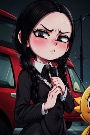 8k resolution, high resolution, masterpiece, intricate details, highly detailed, HD quality, solo, loli, black desert on the background, night, rain, red stars in the sky, scarlet moon, Wednesday Addams. black hair.black eyes.gray skin.gray wool.(Wednesday Addams dress).black jacket.white shirt.a cold expression.emotionless expression.dissatisfied expression, focus on the whole body, the whole body in the frame, small breasts, vds, looking at viewer, wet, rich colors, vibrant colors, detailed eyes, super detailed, extremely beautiful graphics, super detailed skin, best quality, highest quality, high detail, masterpiece, detailed skin, perfect anatomy, perfect body, perfect hands, perfect fingers, complex details, reflective hair, textured hair, best quality, super detailed, complex details, high resolution,  

,Shadbase ,Ankha,USA,Sonique ,Sonic,AmyRose,Blase,muffetwear,muffet,Alphys ,Gwendolyn_Tennyson,M3GEN/(Robot Girl/),Wednesday Addams  , Addams 