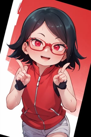 8k resolution, high resolution, masterpiece, intricate details, highly detailed, HD quality, solo, short stature, only girls, dark background, rain, scarlet moon, crimson moon, moon, moon on the background, loli,

Sarada Uchiha.red eyes.black hair.short hair.bangs on the forehead.slim build.a teenage girl.The clothes of the Uchiha Succession.shinobi clothes.sexy clothes.red vest.thin vest.white shorts.loose shorts.glasses.smile.a crazy smile.a cheeky expression.crazy expression.an insanely cheerful expression.a conspiratorial expression.sexy pose.fighting pose.lustful pose.perverted pose, 

focus on the whole body, the whole body in the frame, the body is completely in the frame, the body does not leave the frame, detailed hands, detailed fingers, perfect body, perfect anatomy, wet bodies, rich colors, vibrant colors, detailed eyes, super detailed, extremely beautiful graphics, super detailed skin, best quality, highest quality, high detail, masterpiece, detailed skin, perfect anatomy, perfect body, perfect hands, perfect fingers, complex details, reflective hair, textured hair, best quality,super detailed,complex details, high resolution,

,perfecteyes,USA,Mrploxykun,jtveemo,JCM2,Captain kirb,Artist,AGGA_ST011,fantai12,Oerlord,arcane style,らす ,The Pink Pirate,Saradauchiha