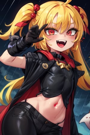 8k resolution, high resolution, masterpiece, long black scaly coat, open coat, yellow hair, white trickster mask,mocking smile painted on the mask,red smile, fanged smile,red eyes painted on the mask,squinted eyes, black gloves, black pants, arms thrown to the side, looking at the viewer, scarlet lightning in the background, rain, thunderstorm, the whole body in the frame, solo, detailed eyes, super detailed, extremely beautiful graphics, super detailed skin, best quality, highest quality, high detail, masterpiece, detailed skin, perfect anatomy, perfect hands, perfect fingers, complex details, reflective hair, textured hair, best quality, super detailed, complex details, high resolution, looking at the viewer, rich colors,Mrploxykun,JCM2,High detailed ,perfecteyes,Color magic,War of the Visions  ,Saturated colors,Artist,jtveemo