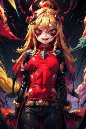 8k resolution, high resolution, masterpiece, long black scaly coat, open coat, yellow hair, white trickster mask,mocking smile painted on the mask,red smile, fanged smile,red eyes painted on the mask,squinted eyes, black gloves, black pants, arms thrown to the side, looking at the viewer, scarlet lightning in the background, rain, thunderstorm, the whole body in the frame, solo, detailed eyes, super detailed, extremely beautiful graphics, super detailed skin, best quality, highest quality, high detail, masterpiece, detailed skin, perfect anatomy, perfect hands, perfect fingers, complex details, reflective hair, textured hair, best quality, super detailed, complex details, high resolution, looking at the viewer, rich colors,Mrploxykun,JCM2,High detailed ,perfecteyes,Color magic,War of the Visions  ,Saturated colors