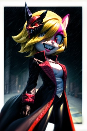 8k resolution, high resolution, masterpiece, long black scaly coat, open coat, yellow hair, white trickster mask,mocking smile painted on the mask,red smile, fanged smile,red eyes painted on the mask,squinted eyes, black gloves, black pants, arms thrown to the side, looking at the viewer, scarlet lightning in the background, rain, thunderstorm, the whole body in the frame, solo, 