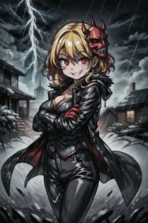 8k resolution, high resolution, masterpiece, long black scaly coat, open coat, yellow hair, white trickster mask,mocking smile painted on the mask,red smile, fanged smile,red eyes painted on the mask,squinted eyes, black gloves, black pants, arms thrown to the side, looking at the viewer, scarlet lightning in the background, rain, thunderstorm, the whole body in the frame, solo, 