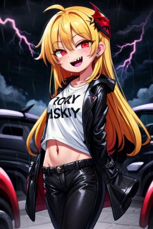 8k resolution, high resolution, masterpiece, long black scaly coat, open coat, yellow hair, white trickster mask,mocking smile painted on the mask,red smile, fanged smile,red eyes painted on the mask,squinted eyes, black gloves, black pants, arms thrown to the side, looking at the viewer, scarlet lightning in the background, rain, thunderstorm, the whole body in the frame, solo, the inscription on the T-shirt, the inscription, the best seductress of little girls


