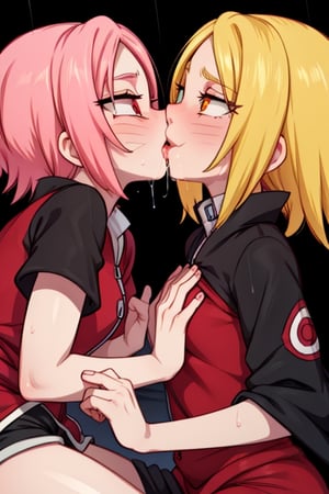 8k resolution, high resolution, masterpiece, intricate details, highly detailed, HD quality, solo, loli, dark background, black desert, scarlet moon,red moon, moon, rain,  2_girls, girls kissing, Naruko uzumaki.red eyes.(Naruko uzumaki has red eyes).blonde.yellow hair.Naruko uzumaki's clothes.black coat.black pants.a gentle expression.a satisfied expression.a playful expression.(Naruko towers over her partner), Sakura Haruno.green eyes.(Sakura Haruno has green eyes).pink hair.short hair.(Haruno Sakura's clothes.red dress with cutouts on the sides.black tight shorts.an embarrassed expression.a happy expression.amorous expression, kiss, two girls kissing, naruko and wednesday kissing, spittle, lesbian kiss, yuri, detailed kiss, kiss with tongues, detailed languages, focus on the whole body, the whole body in the frame, small breasts, rich colors, vibrant colors, detailed eyes, super detailed, extremely beautiful graphics, super detailed skin, best quality, highest quality, high detail, masterpiece, detailed skin, perfect anatomy, perfect body, perfect hands, perfect fingers, complex details, reflective hair, textured hair, best quality,super detailed,complex details, high resolution,

Shadbase,Ankha,USA,Sonique,Sonic,Naruto,Wednesday Addams  ,kiss,JCM2,Naruko,Shadbase ,Mrploxykun, Addams ,Artist,haruno sakura