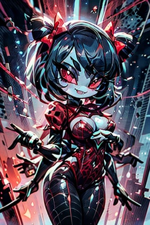 8k resolution, high resolution, masterpiece,  intricate details, highly detailed, HD quality, best quality, vibrant colors, 1girl,muffet,(muffetwear), monster girl,((purple body:1.3)),humanoid, arachnid, anthro,((fangs)),pigtails,hair bows,5 eyes,spider girl,6 arms,solo,clothed,6 hands,detailed hands,((spider webs:1.4)),bloomers,red and black clothing, armwear,  detailed eyes, super detailed, extremely beautiful graphics, super detailed skin, best quality, highest quality, high detail, masterpiece, detailed skin, perfect anatomy, perfect hands, perfect fingers, complex details, reflective hair, textured hair, best quality, super detailed, complex details, high resolution, looking at the viewer, rich colors, ,muffetwear,Shadbase ,JCM2,DAGASI,Oerlord,illya,In the style of gravityfalls,tensura,Mrploxykun,BORN-TO-DIE,Captain kirb,ChronoTemp 
