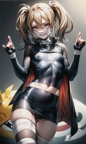 masterpiece, best quality, spectacular, solo, Naruko_Uzumaki, yellow hair, two pigtails, red eyes, elongated vertical pupils, small breasts, loli, cheeky smile, straight pose, looks at the viewer, scarlet cloak, hands tied with black bandages, forearms tied with black bandages, black belt, black pants, chest bandaged black bandages, perfect eyes, perfect body, perfect anatomy , cartoon, naruto