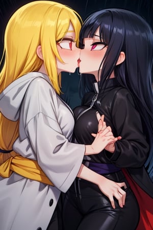 8k resolution, high resolution, masterpiece, intricate details, highly detailed, HD quality, solo, loli, dark background, black desert, scarlet moon,red moon, moon, rain,  2_girls, girls kissing, Naruko uzumaki.red eyes.(Naruko uzumaki has red eyes).blonde.yellow hair.Naruko uzumaki's clothes.black coat.black pants.a gentle expression.a satisfied expression.a playful expression.(Naruko towers over her partner), Hinata Hyuga.dark blue hair.pale lilac eyes.no pupils.Hinata Hugo's clothes.shinobi clothes.grey jacket.black pants.an embarrassed expression.happy recovery.joyful expression, kiss, two girls kissing, naruko and wednesday kissing, spittle, lesbian kiss, yuri, detailed kiss, kiss with tongues, detailed languages, focus on the whole body, the whole body in the frame, small breasts, rich colors, vibrant colors, detailed eyes, super detailed, extremely beautiful graphics, super detailed skin, best quality, highest quality, high detail, masterpiece, detailed skin, perfect anatomy, perfect body, perfect hands, perfect fingers, complex details, reflective hair, textured hair, best quality,super detailed,complex details, high resolution,

,jtveemo