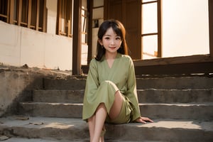 (masterpiece, top quality, best quality, official art, beautiful and aesthetic:1.2),(1girl:1.4),proportional body, pretty face, smiling, long straight hair, asymmetric_bangs in villager simple cloth, burmese while sitting on the stairs in front of ancient villagers house dusing sunset.,realhands
