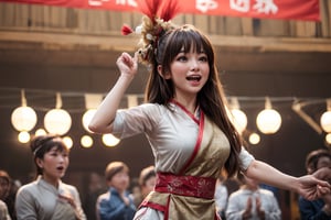 (masterpiece, top quality, best quality, official art, beautiful and aesthetic:1.2),(1girl:1.4),proportional body, pretty face, happy, long straight hair, asymmetric_bangs in villager simple cloth, dancing and singing on the stage at ancient village festival, indoor, during sunrise, crowds.,realhands