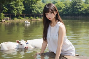 (masterpiece, top quality, best quality, official art, beautiful and aesthetic:1.2),(1girl:1.4),proportional body, pretty face, happy, long straight hair, asymmetric_bangs in villager simple cloth, while washing a cow at river of ancient village during sunrise.,realhands