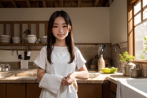 (masterpiece, top quality, best quality, official art, beautiful and aesthetic:1.2),(1girl:1.4),proportional body, pretty face, smiling, long straight hair, asymmetric_bangs in villager simple cloth, while washing dishes at the kitchen of ancient villagers house dusing sunset.,realhands