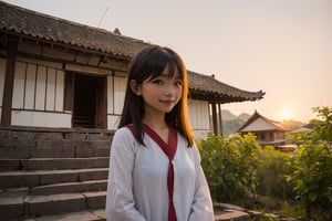 (masterpiece, top quality, best quality, official art, beautiful and aesthetic:1.2),(1girl:1.4),proportional body, pretty face, smiling, long straight hair, asymmetric_bangs in villager simple cloth, burmese while standing at the stairs in front of ancient villagers house dusing sunset.,realhands