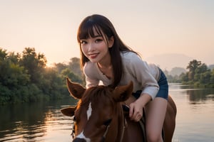 (masterpiece, top quality, best quality, official art, beautiful and aesthetic:1.2),(1girl:1.4),proportional body, pretty face, smiling, long straight hair, asymmetric_bangs in villager simple cloth, while riding a cow at river of ancient village during sunrise.,realhands