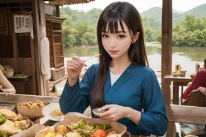 (masterpiece, top quality, best quality, official art, beautiful and aesthetic:1.2),(1girl:1.4),proportional body, pretty face, happy, long straight hair, asymmetric_bangs in villager simple cloth, while have a lunch meal at ancient village market during sunrise.,realhands