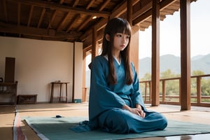 (masterpiece, top quality, best quality, official art, beautiful and aesthetic:1.2),(1girl:1.4),proportional body, pretty face, happy, long straight hair, asymmetric_bangs in villager simple cloth, while praying and sitting at ancient village temple, indoor, during sunrise, crowds.,realhands
