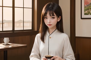 (masterpiece, top quality, best quality, official art, beautiful and aesthetic:1.2),(1girl:1.4),proportional body, pretty face, happy, long straight hair, asymmetric_bangs in villager simple cloth, while sitting on comfort seat and have a tea and snacks at ancient village market restaurant during sunrise, crowds.,realhands