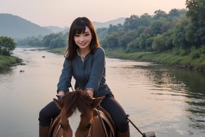 (masterpiece, top quality, best quality, official art, beautiful and aesthetic:1.2),(1girl:1.4),proportional body, pretty face, smiling, long straight hair, asymmetric_bangs in villager simple cloth, while riding a cow at river of ancient village during sunrise.,realhands