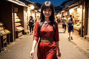 1lady, solo, with long straight hair, asymmetrical bangs, pretty face, proporsional body, smiling, long legs in simple villagers cloth while walking at market during evening. cowboy view.
