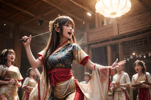 (masterpiece, top quality, best quality, official art, beautiful and aesthetic:1.2),(1girl:1.4),proportional body, pretty face, happy, long straight hair, asymmetric_bangs in villager simple cloth, dancing and singing on the stage at ancient village festival, indoor, during sunrise, crowds.,realhands