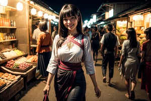 1lady, solo, with long straight hair, asymmetrical bangs, pretty face, burmese, proportional body, smiling, long legs in simple villagers cloth while walking at market during evening. cowboy view.
