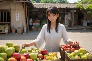 (masterpiece, top quality, best quality, official art, beautiful and aesthetic:1.2),(1girl:1.4),proportional body, pretty face, happy, long straight hair, asymmetric_bangs in villager simple cloth, while selling vegetables and fruit at ancient village market during sunrise.,realhands