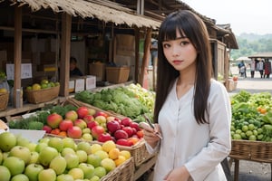 (masterpiece, top quality, best quality, official art, beautiful and aesthetic:1.2),(1girl:1.4),proportional body, pretty face, happy, long straight hair, asymmetric_bangs in villager simple cloth, while selling vegetables and fruit at ancient village market during sunrise.,realhands