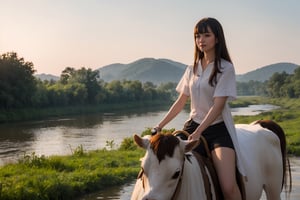 (masterpiece, top quality, best quality, official art, beautiful and aesthetic:1.2),(1girl:1.4),proportional body, pretty face, happy, long straight hair, asymmetric_bangs in villager simple cloth, while riding a cow at river of ancient village during sunrise.,realhands