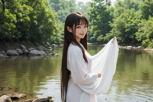 (masterpiece, top quality, best quality, official art, beautiful and aesthetic:1.2),(1girl:1.4),proportional body, pretty face, smiling, long straight hair, asymmetric_bangs in villager simple cloth, while washing cloth at river of ancient village during sunrise.,realhands