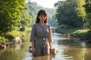 (masterpiece, top quality, best quality, official art, beautiful and aesthetic:1.2),(1girl:1.4),proportional body, pretty face, happy, long straight hair, asymmetric_bangs in villager simple cloth, while washing a cow at river of ancient village during sunrise.,realhands